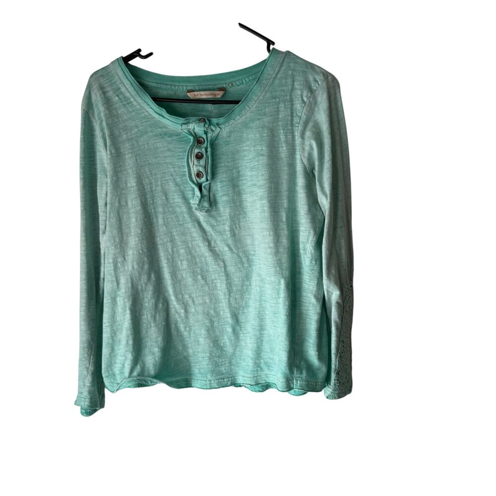 Soft Surroundings Size Medium Green Boho Cotton‎ Embroidered Long Sleeve Top